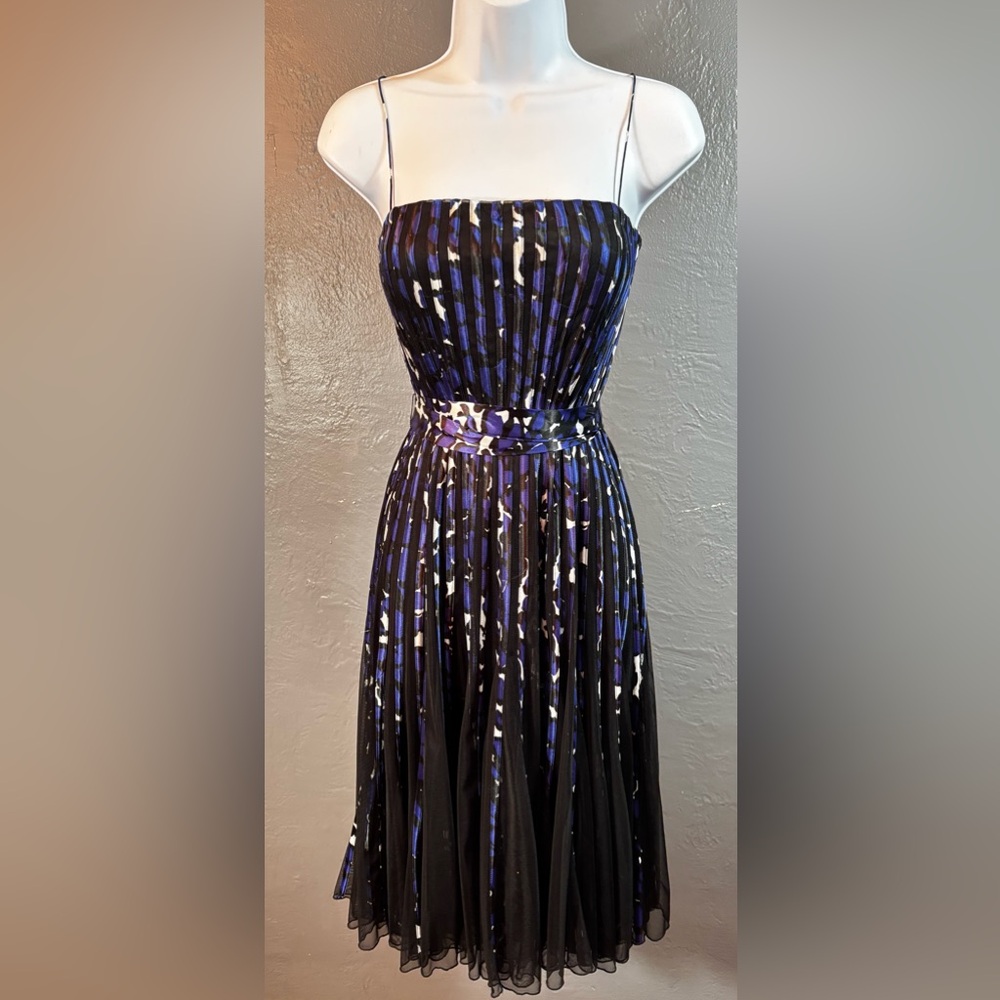CACHE Y2K vintage Strappy Black and Blue A-line Satin Dress with Tulle Skirt